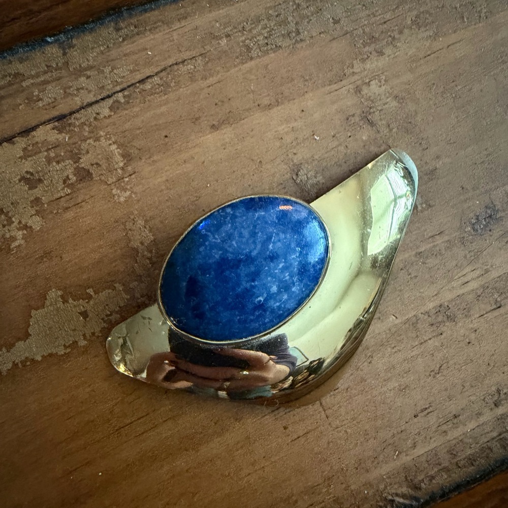 Florelle Vintage Gold and Blue Stone Brooch with engraving on back